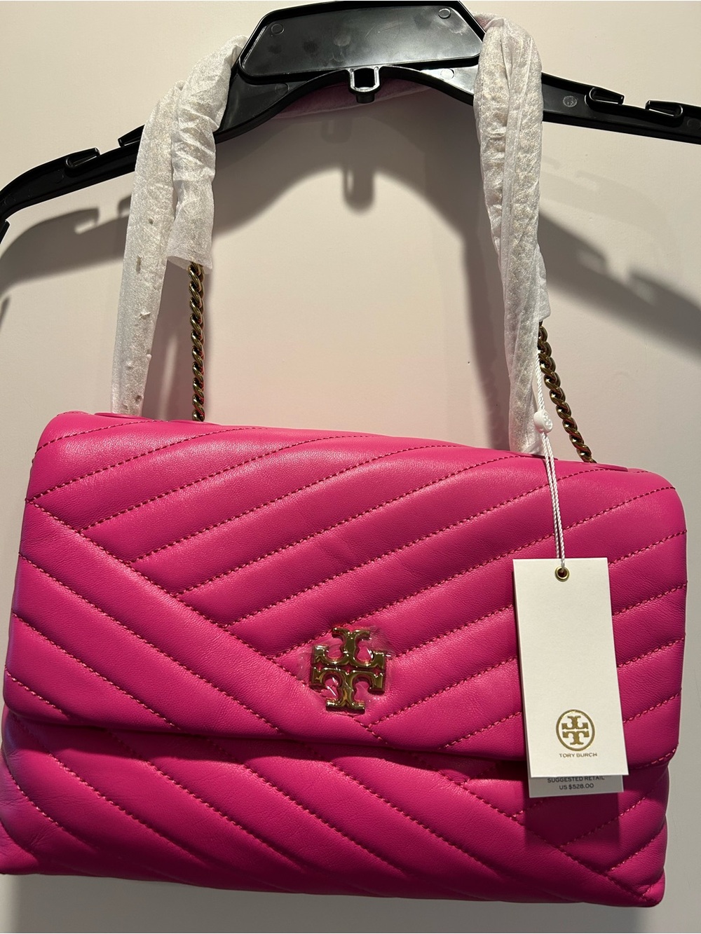 Tory Burch Hot Pink Quilted Chain Shoulder Bag with Gold Logo